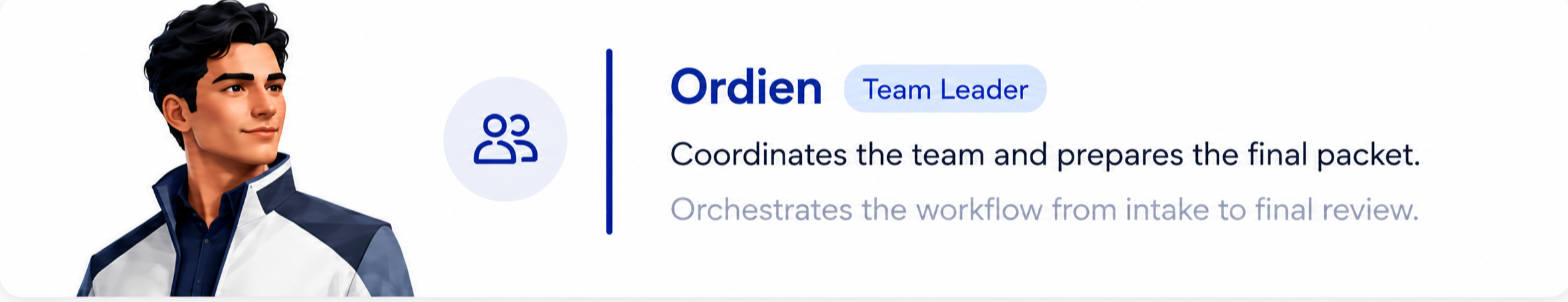 Ordien Team Leader card. Coordinates the team and prepares the final packet.